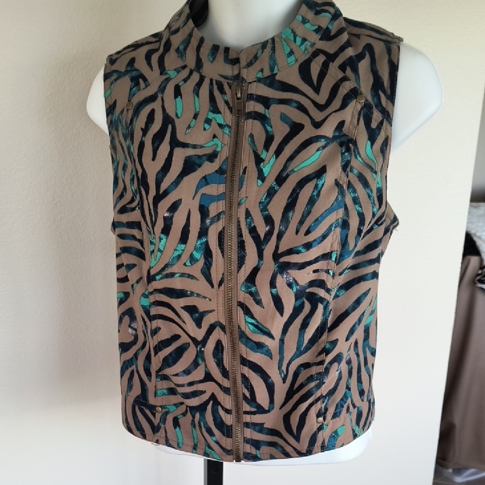 Multiples Black and Tan High-Neck Vest with Bold Pattern